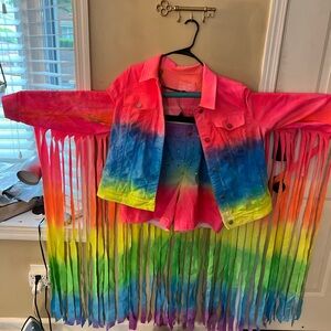 Colorful Tie-Dye Fringe outfit-jacket, shorts, shoes, Taylor Swift Wango Tango